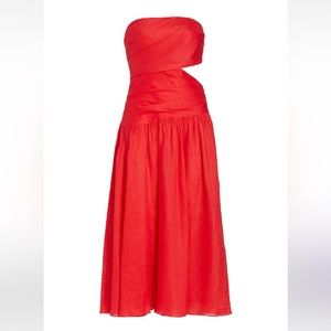 Zimmermann Red Lyre Linen Strapless Cut-Out Midi Dress $695